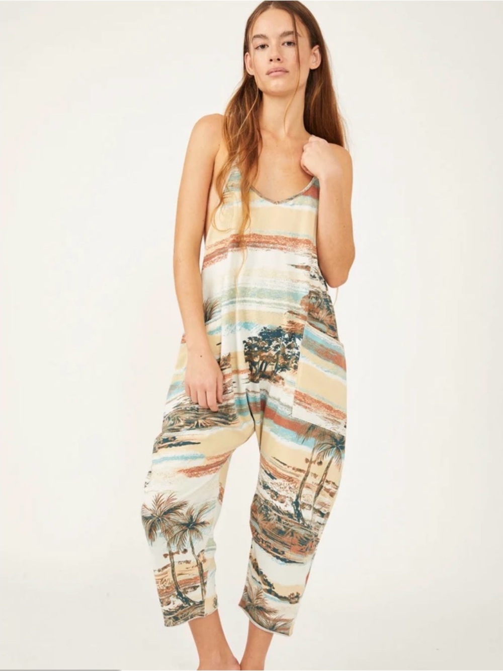 Free People Movement Hot Shot Tropical Print Jumpsuit Seaside Combo Landscape
